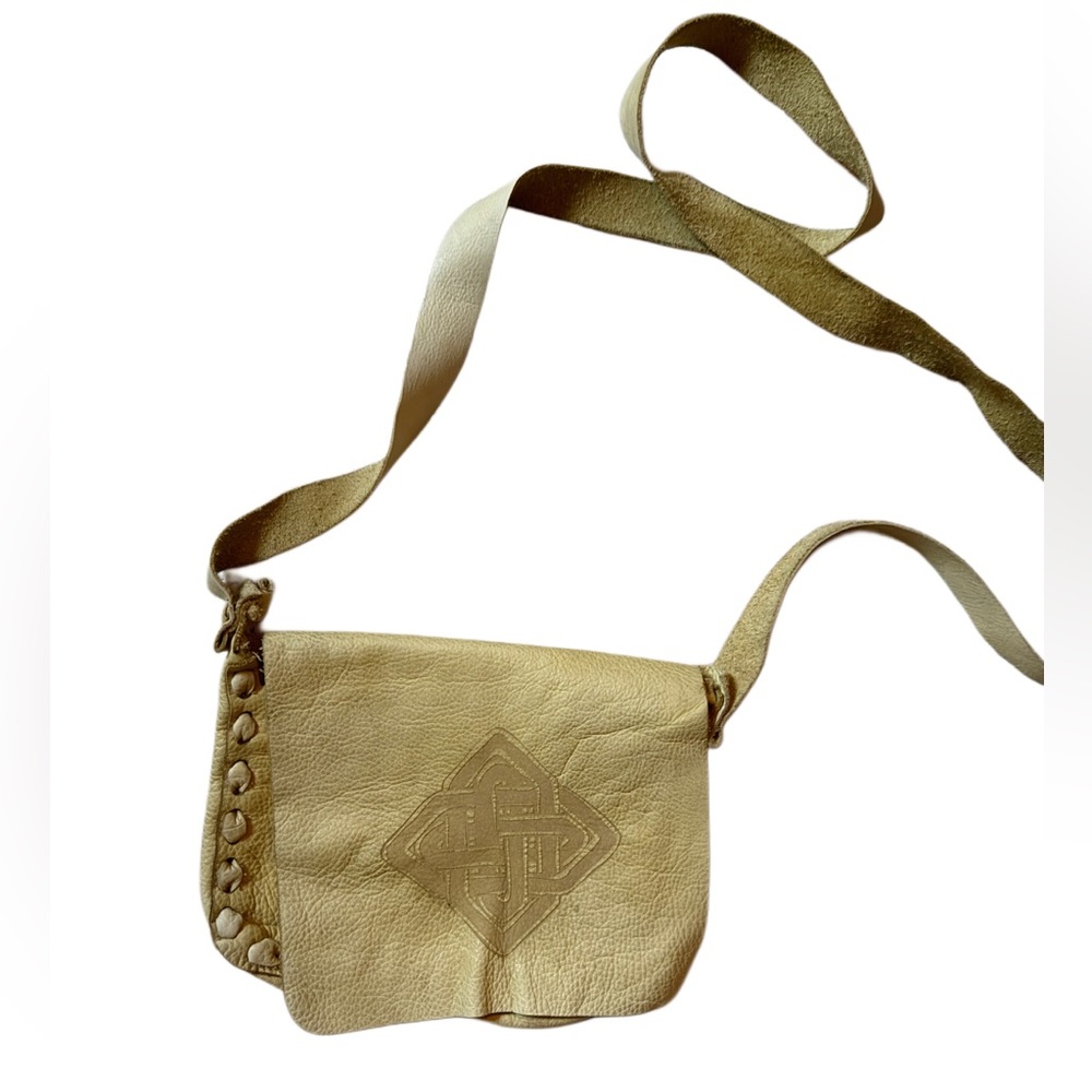 Vintage Calfskin Leather Tan Flap Foldover Crossbody Bag Celtic Irish